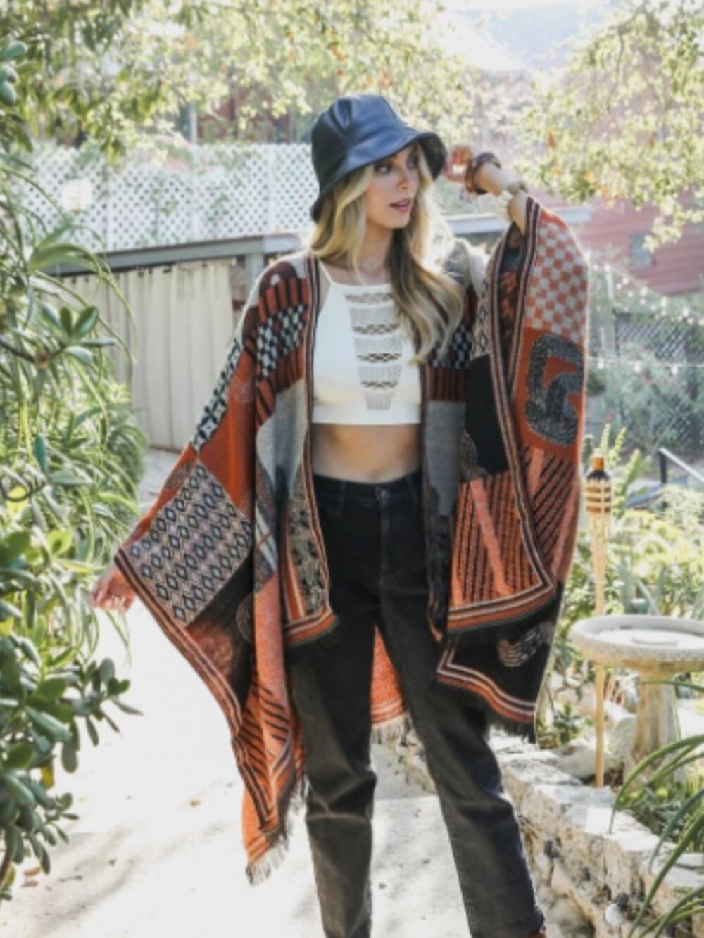 Baroque Patchwork Ruana Wrap Kimono Shawl Scarf Multicolor Frayed Edge One Size